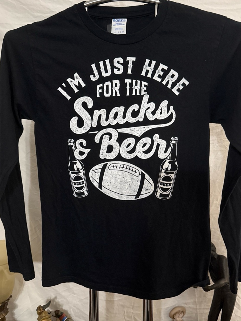 Port and Company Black Long Sleeve Snacks & Beer Football Tee